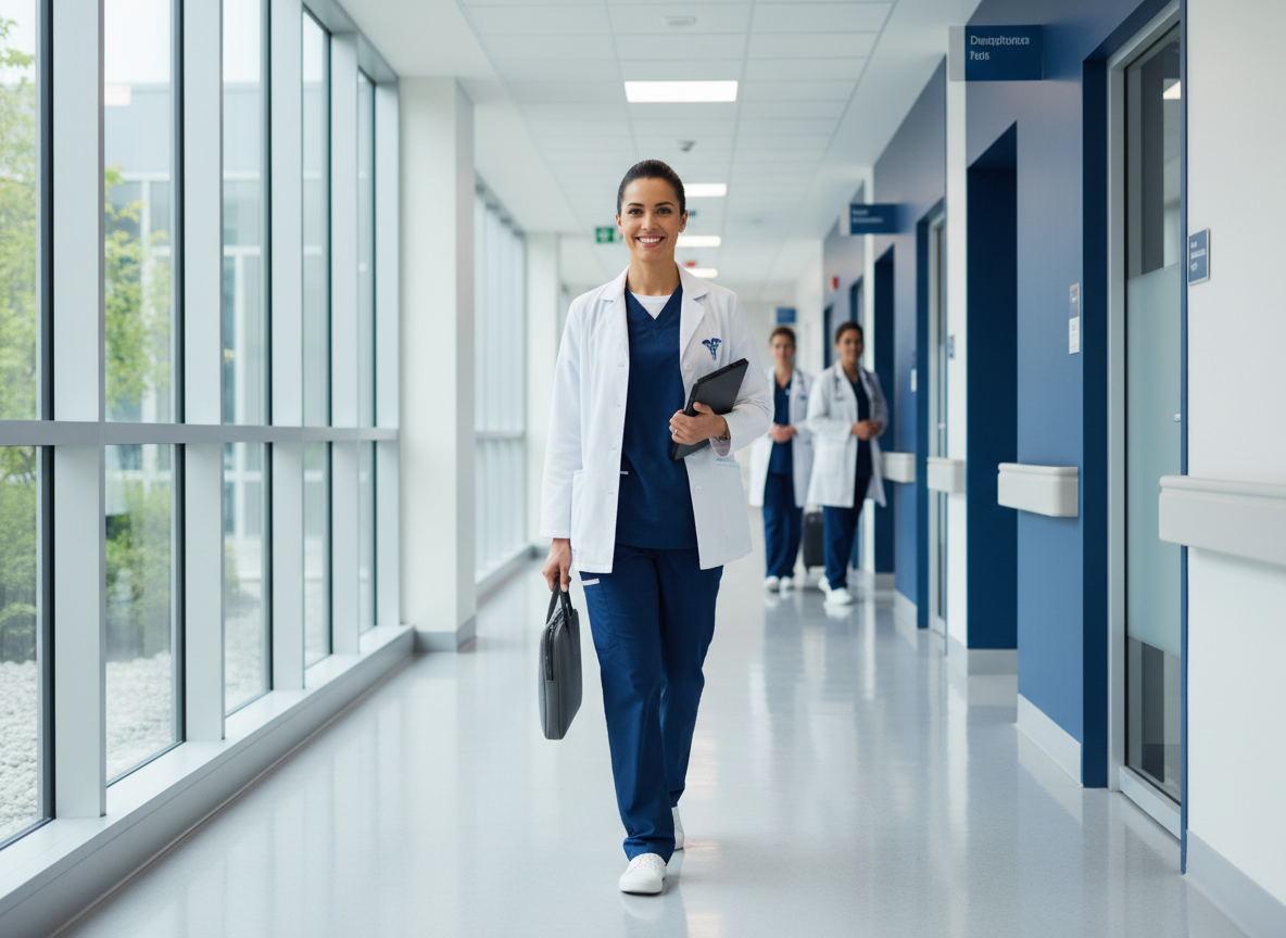 Professional healthcare setting, a confident travel nurse in scrubs walking through a bright modern hospital corridor